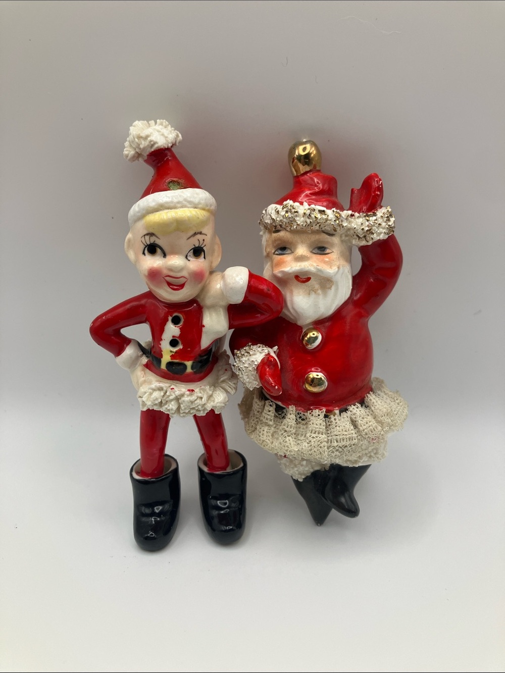 Vintage Ceramic Christmas Pixie Elf & Santa Claus Figurines Spaghetti Trim Set